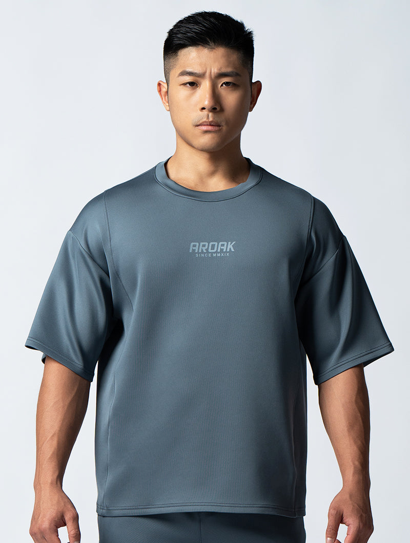 AirFlex™ OVERSIZED functional shoulder-cut short-sleeved training top (iron gray blue) 