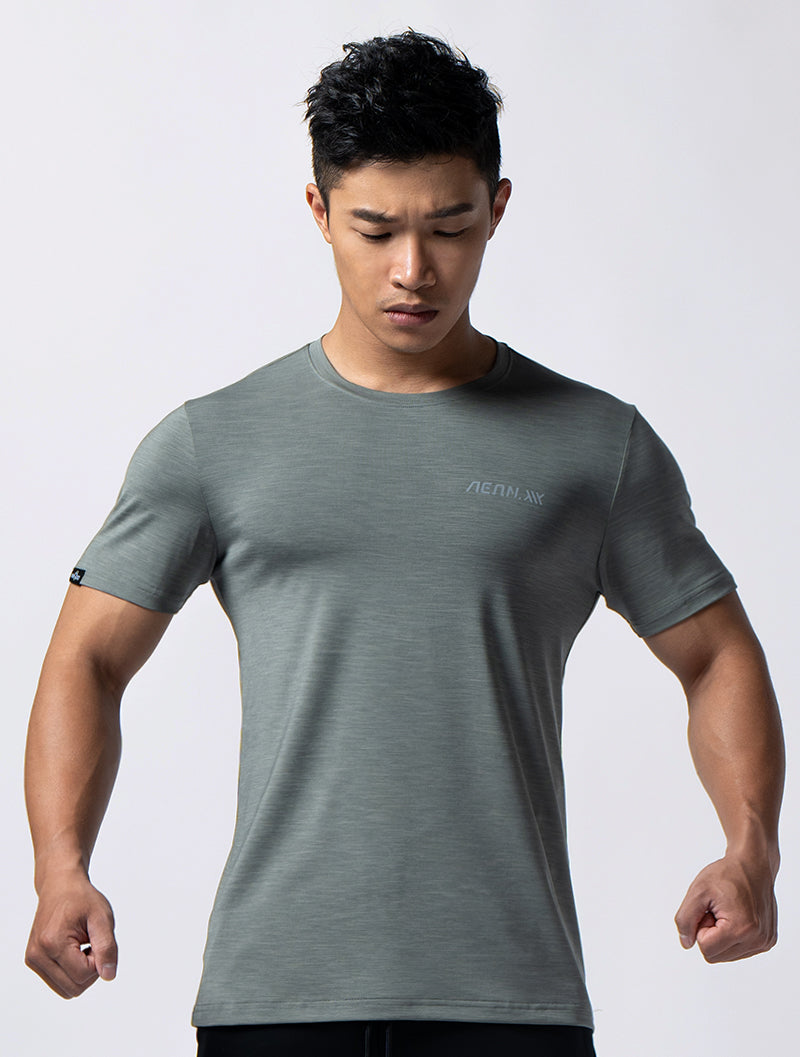 Satin-dyed functional short-sleeved training top (grey green)