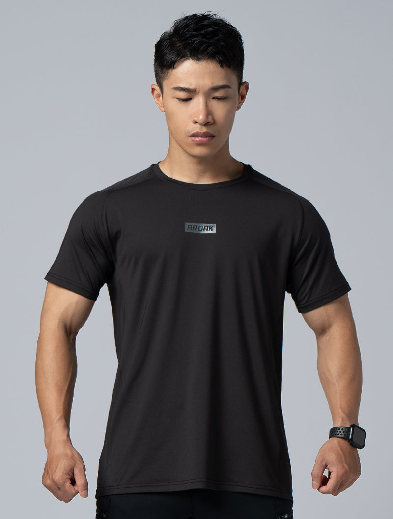 FlexSmooth™ Lackland Sleeve Splicing Functional Nylon Short Sleeve Top (Black)