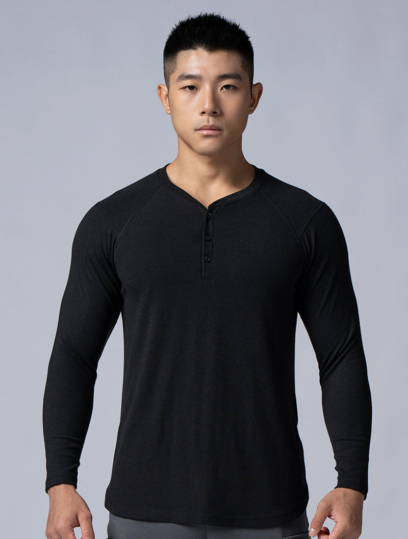 Tencel-RIB™ Henley Collar Ribbed Long Sleeve Top (Black)