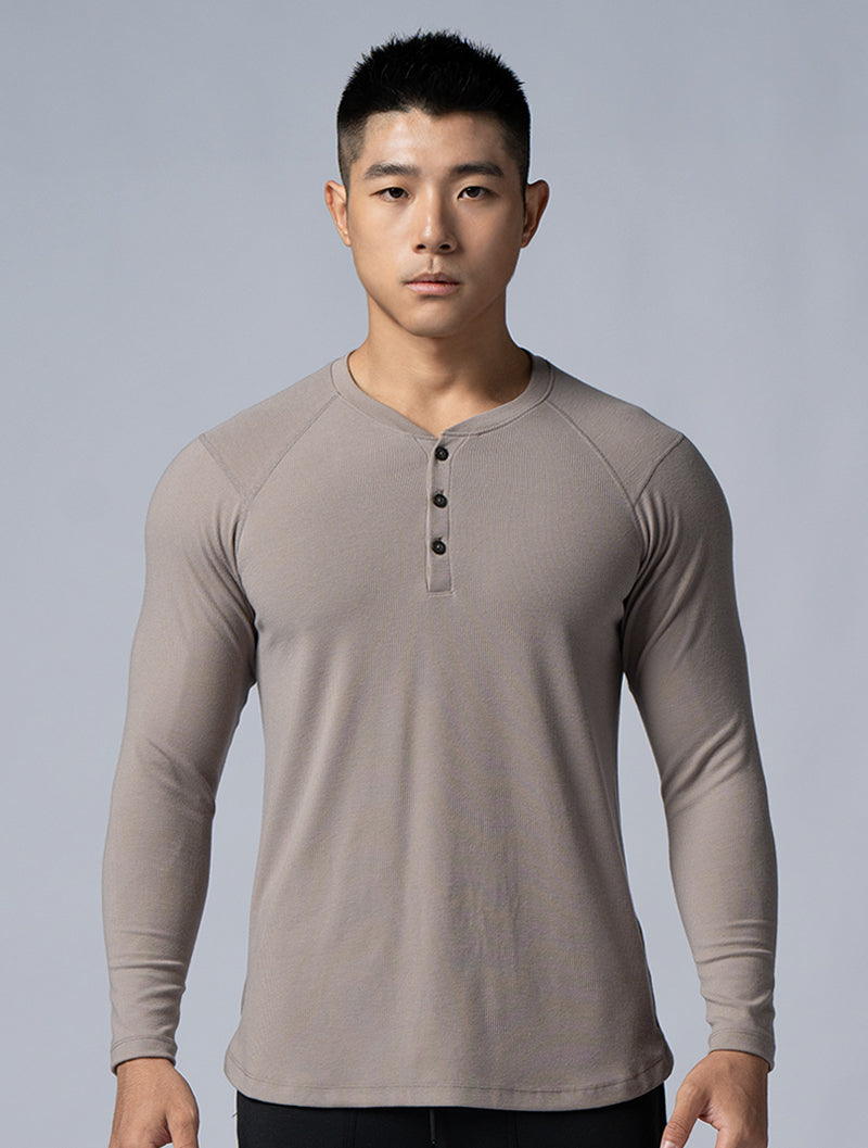 Tencel-RIB™ Henley Collar Ribbed Long Sleeve Top (Dark Khaki)