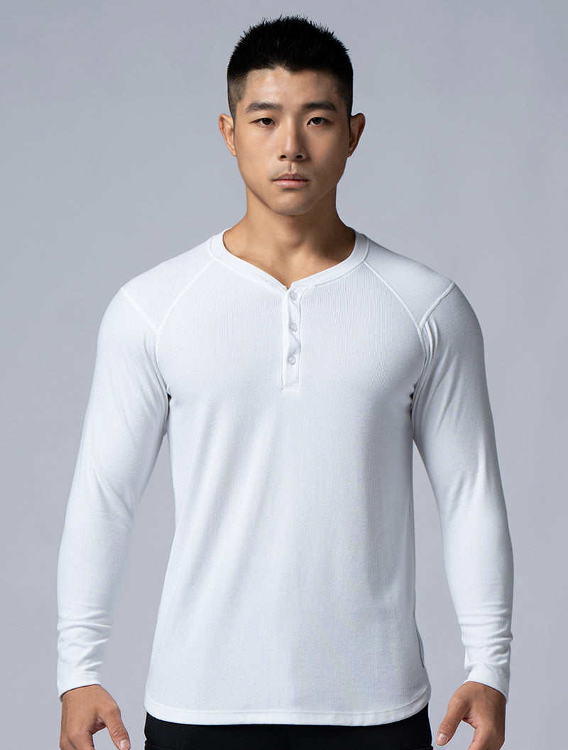 Tencel-RIB™ Henley Collar Ribbed Long Sleeve Top (White)