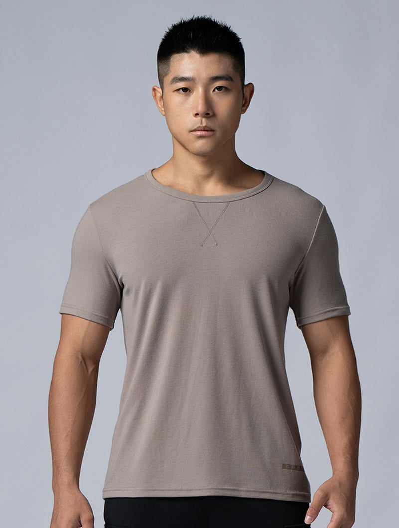 Tencel-RIB™ Crew Neck Ribbed Short Sleeve Top (Dark Khaki) 